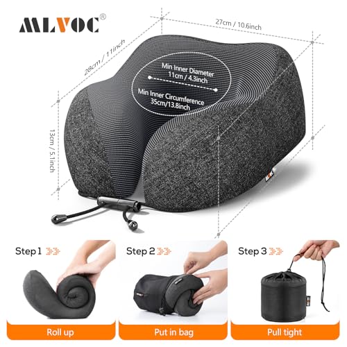 MLVOC Neck Pillow for Traveling, Upgraded 100% Pure Memory Foam Travel Neck Pillow for Airplane Flight Sleep, Breathable & Machine Washable Cover, Travel Kit with 3D Eye Mask, Earplugs & Bag, Black - color: Black