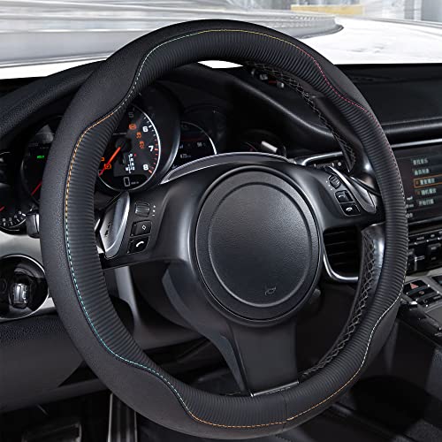 CAR PASS Colour Piping Leather Universal Fit Steering Wheel Cover,Perfectly fit for 14.5-15 inches for Various Vehicles Suvs,Vans,Trucks,Sedans,Cars(Black Multicolor) - color: Multicolor
