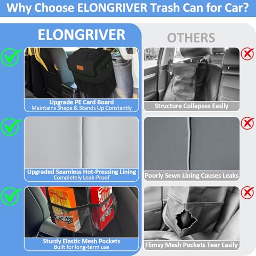 ELONGRIVER Car Trash Can Bin for Back Seat Leak Proof, Cute Car Trash Bag Hanging, Vehicle Trash Can for SUV Truck Van, Automotive Garbage Cans Front Seat Black - color: Balck, size: 3 Gallons