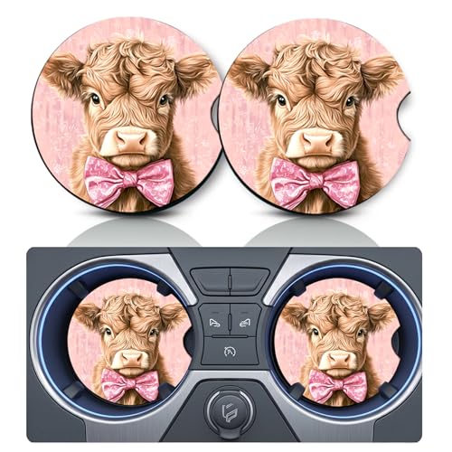 2PCS Highland Cow Bow Tie Car Cup Holder Coasters, Cars Coasters for Cup Holders, 2.75" Universal Anti Slip Rubber Mat with Finger Slot, Highland Cows Car Accessories Interior Decor, Cow Gifts - color: Tie Bow Highland Cow