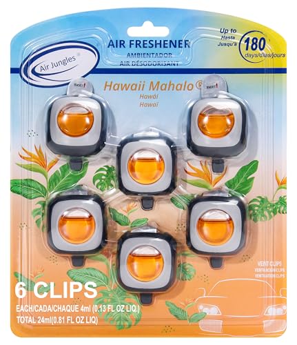 Air Jungles Hawaiian Scent Car Air Freshener Vent Clip, 6 Count Long Lasting Up to 180 days, Natural Essential Oil Car Fragrance for Women and Men, Odor Eliminator - 4ml Each - color: Hawaiian, size: 6 Count (Pack of 1)