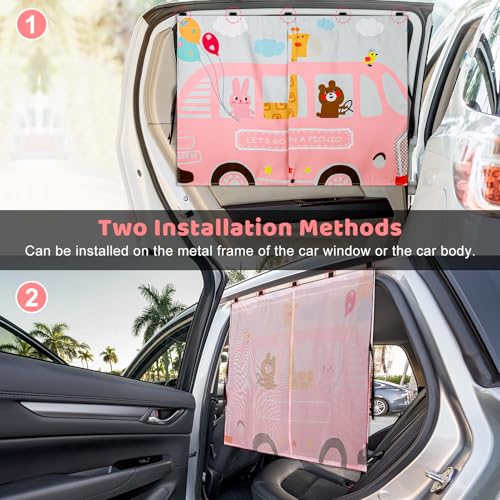 Car Window Shades, 2pcs Magnetic Car Curtains for Side Windows Privacy Full Covers/Half Shade Options, Cute Cartoon Auto Sunshades for Baby Protection Pink - color: Pink and White