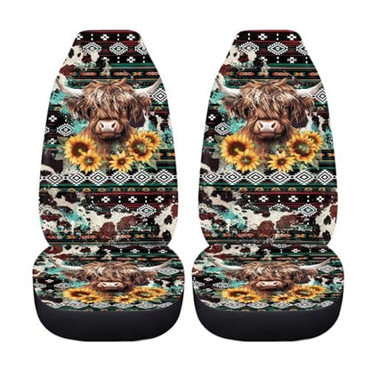 Highland Cow Front Car Seat Cover for Women Men Sunflower Universal Bucket Seat Cover Southwest Africa Aztec 2 Pieces Automotive Seat Covers Set - color: Highland Cow Sunflower3