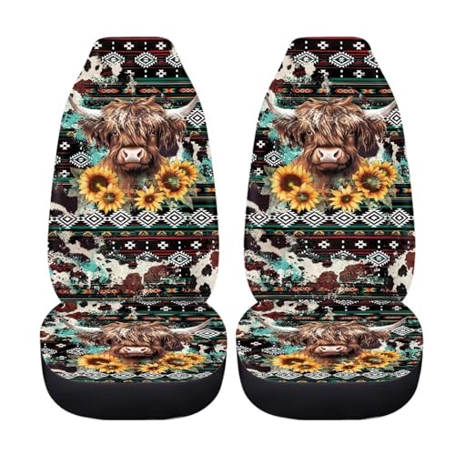 Highland Cow Front Car Seat Cover for Women Men Sunflower Universal Bucket Seat Cover Southwest Africa Aztec 2 Pieces Automotive Seat Covers Set - color: Highland Cow Sunflower3