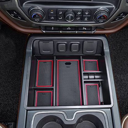 Console Organizer Compatible with 2014-2018 Chevy Silverado/GMC Sierra 1500 and 2015-2019 Silverado/Sierra 2500HD/3500HD Accessories Compartment Insert Tray - Full Console w/Bucket Seats ONLY - color: Red Trim