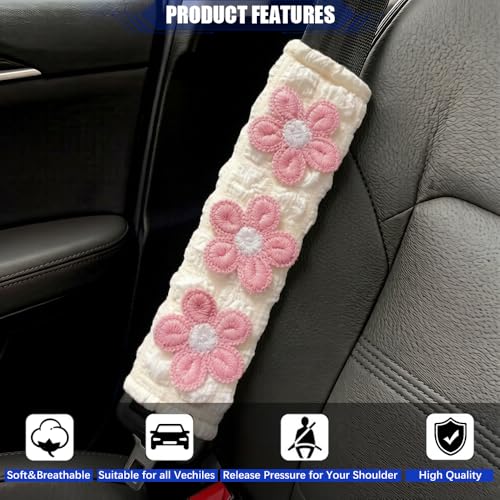 JDDRY 2PC Car Seat Belt Covers Pads,Seat Strap Pads,Auto Seat Belt Pad,Fit for Most Vehicles,Car Interior Accessories(Three Flower,Pink)