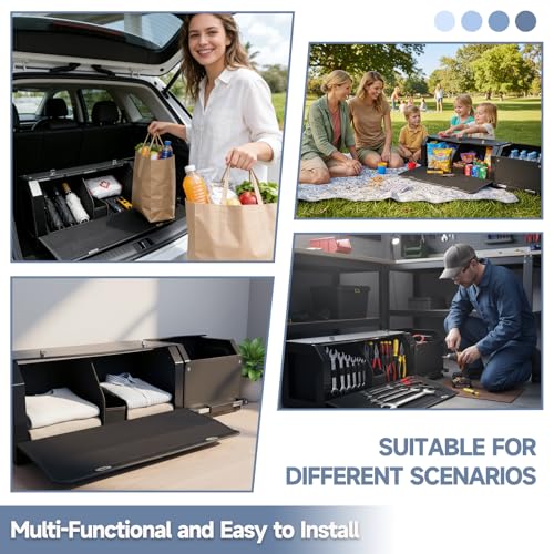 Car Trunk Organizer, Collapsible Leather Car Trunk Storage Organizer with Lid and Sturdy Handle Car Organizer and Storage for SUV, Truck, Sedan (Black, 41 x 11.4 x 12.2in) - size: 41" x 11.4" x 12.2"