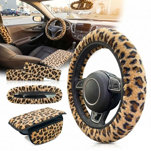 5 Pcs Fuzzy Animal Print Car Accessories Set, Soft Fluffy Plush Steering Wheel Cover, Center Console Armrest Pad & Rearview Mirror Cover - Interior Decorations for Women,Universal Fit (Leopard Print) - color: Leopard Print