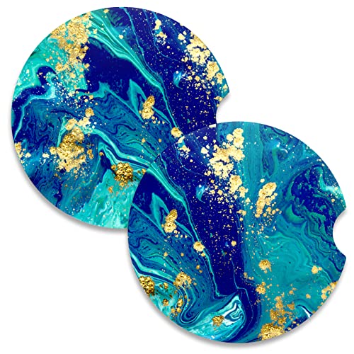 Car Coasters for Cup Holders, 2 Pack Absorbent Ceramic Car Cup Holder Coaster for Drinks, Cute Auto Assecories for Women Men, Size 2.56 in with Finger Notch & Cork Base, Teal Marble - color: Ocean Teal Marble