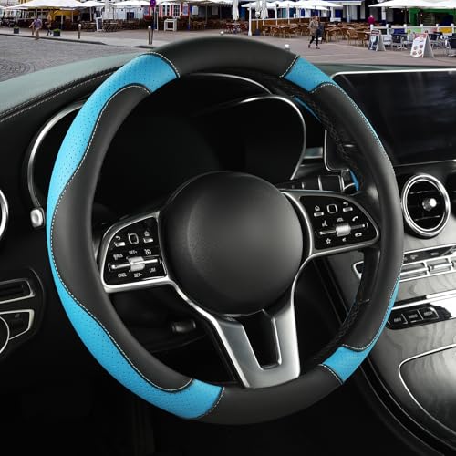 Microfiber Leather Steering Wheel Cover, Breathable, Anti Slip, 13.5 inch to 14 inch, Black with Blue - color: Black Blue, size: Round-Small[13.5''-14'']