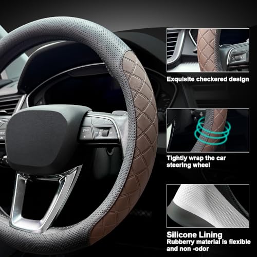 Nappa Leather Steering Wheel Cover,Elegant Diamond Checkered Design, Non-Slip wear-Resistant, Enhance Driving Comfort, Suitable for Steering Wheel Diameter 14 1/2‘-15’ Models.Black Brown - color: Black Brown