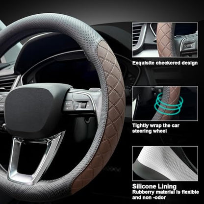 Nappa Leather Steering Wheel Cover,Elegant Diamond Checkered Design, Non-Slip wear-Resistant, Enhance Driving Comfort, Suitable for Steering Wheel Diameter 14 1/2‘-15’ Models.Black Brown - color: Black Brown