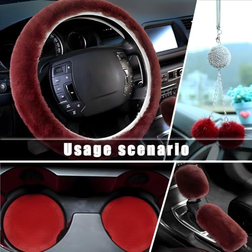 Yourkar 6 PCS Fluffy Steering Wheel Covers Set, 15 Inch Soft Steering Wheel Cover, Handbrake Cover & Gear Shift Cover & Cup Holder Coaster & Car Mirror Accessory, Car Accessories (Wine Red) - color: Wine Red