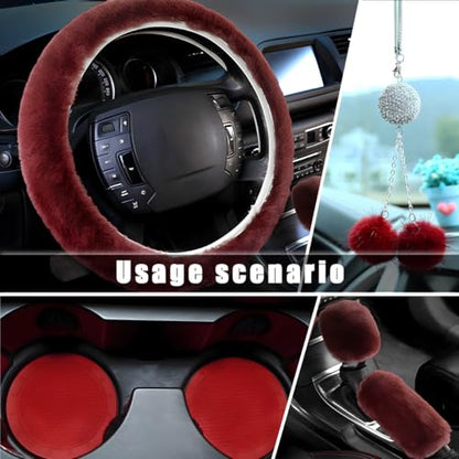 Yourkar 6 PCS Fluffy Steering Wheel Covers Set, 15 Inch Soft Steering Wheel Cover, Handbrake Cover & Gear Shift Cover & Cup Holder Coaster & Car Mirror Accessory, Car Accessories (Wine Red) - color: Wine Red