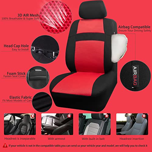 CAR PASS 3D Air Mesh Car Seat Covers Full Sets w/5mm Sponge, 4Pcs Waterproof Car Floor Mats, Steering Wheel Cover Universal Fit for SUV Sedan Truck, Airbag Compatible Automotive Interior(Black & red) - color: Red Combo