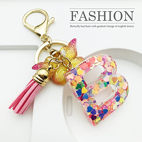 JINGUAZI Initial letter Keychains for Women Tassel Butterfly Pink Purple Cute Car Keychain for Wallet Backpack bag charm - color: B-pink