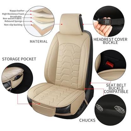 Leather Car Seat Covers Breathable Front Seat Protector Automotive seat Covers Universal Fit for Most Vehicles Cars Trucks SUVs Vans (Beige，2PCS) - color: BEIGE
