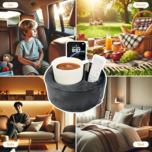 Couch Cup Holder Pillow, Sofa and Bed Organizer Caddy for Drinks, Remotes, Phones (Gray)