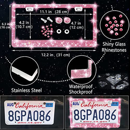 NBTEPEM 27-Piece Bling Car Accessories Set - Universal Fit Steering Wheel Covers, License Plate Frames, Phone Holder, Car Fast Charger, Coasters (Pink) - color: Pink Diamond