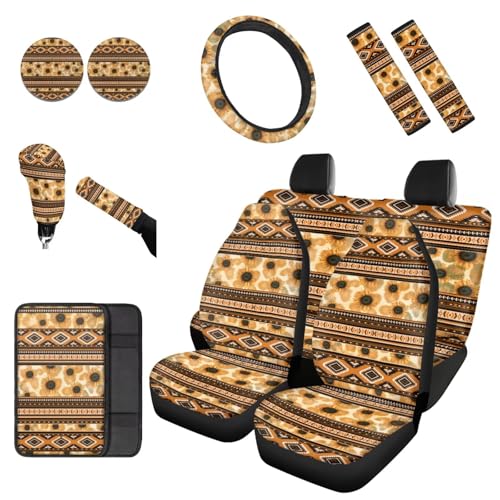 Dreaweet Aztec Sunflower Seat Covers Full Set for Women with Steering Wheel Cover/Center Console Cover/Seatbelt Cover/Car Coasters/Gear Shift Handbrake Cover,Universal Car Accessories for SUV Trucks - color: Aztec Sunflower