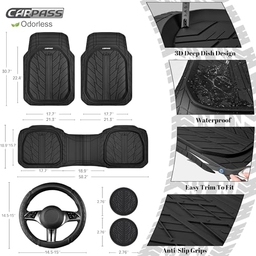CAR PASS Leather Rubber Steering Wheel Cover 14 1/2” -15”,Tire Tread Pattern Design,Non-Slip Wear-Resistant, Heavy Duty Deep-Dish Car Floor Mats, Trim-to-Fit Car Mat,Fit for Steering Wheel Black - color: All Black Combo Set 38