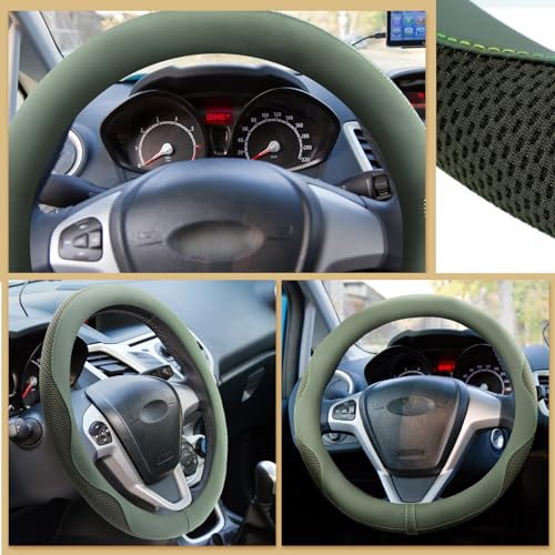 BBTO 4 Car Accessory Set, Steering Wheel Cover, Ceramic Coasters, Daisy Flower Clip Air Freshener, Crystal Hanging Ornament for Women(Sage Green)