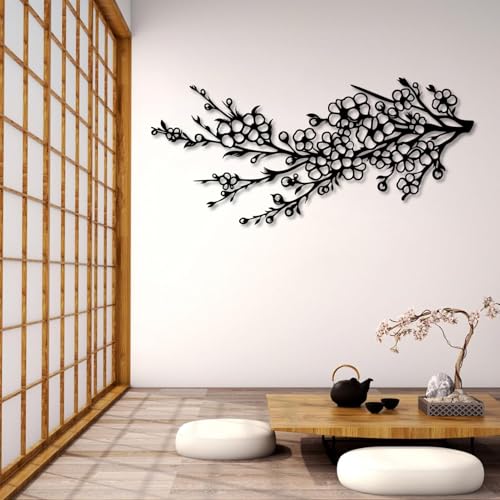Cherry Blossom Branch Metal Wall Art, Metal Tree Wall Decor, Metal Flowers Wall Decor, Japanese Wall Art, Floral Wall Art, Branch Wall Decor, Modern Japanese Tree Art, Living Room Wall Hangings (Black, 53"x 24"| 135x61cm) - color: Black, size: 53"x 24"| 1