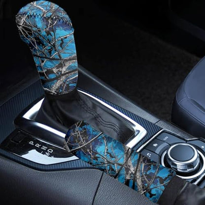 Blue Camo Hunting Forest Car Gear Shift Cover and Handbrake Covers Set 2 Piece Anti-Slip Car Handbrake Cover with Gear Shift Knob Covers Universal Fit for Most Vehicles - color: Camo Hunting Forest Blue
