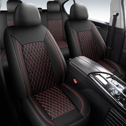 HChengkikz Leather Car Seat Covers, Breathable and Waterproof Seat Cover Full Set, PU Premium Universal Fit Automotive Airbag Compatible for Cars Sedans SUVs Vans and Trucks (Full Set, Black+Redline) - color: N1 Black Redline, size: Full Set