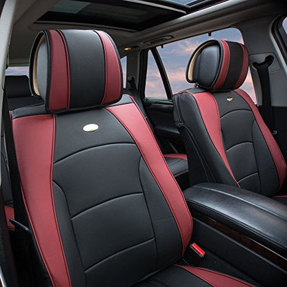 FH Group Ultra Comfort Highest Grade Faux Leather Full Set Cushion Pads Car Seat Covers for Front and Rear– Universal Fit for Cars Trucks & SUVs (Burgundy/Black)