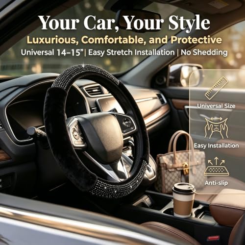 Bling Steering Wheel Cover for Women Girls, Black Rhinestone Diamond Sparkling Fur Fluffy Steering Wheel Accessories Elastic Steering Wheel Covers Winter Warm Universal Fit 14-15 inches - color: Black