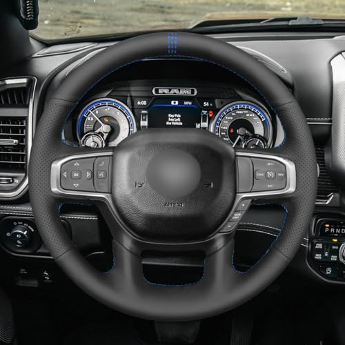 MEWANT Custom DIY Black Artificial Leather Steering Wheel Cover for Dodge Ram 1500 Laramie Big Horn 2019-2021 - color: Black Artificial Leather&Blue Laser Stripe