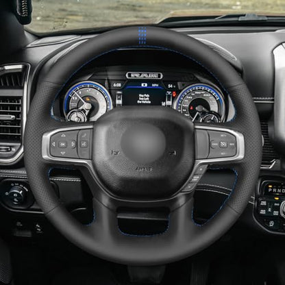 MEWANT Custom DIY Black Artificial Leather Steering Wheel Cover for Dodge Ram 1500 Laramie Big Horn 2019-2021 - color: Black Artificial Leather&Blue Laser Stripe