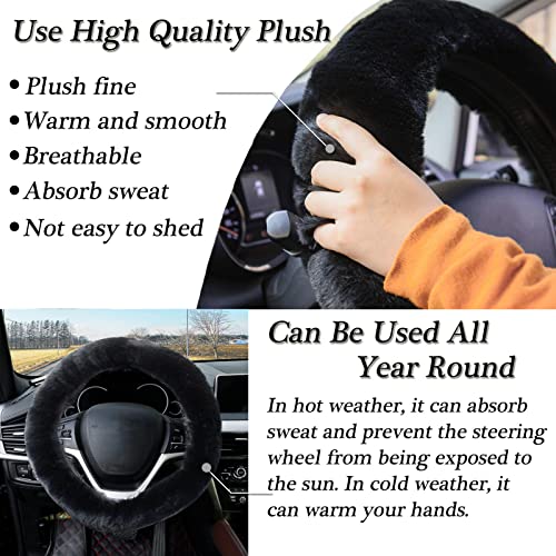 WenMei 4PCS Set Fluffy Steering Wheel Covers with Handbrake Cover&Gear Shift Cover&Plush Keychain Furry Steering Wheel Cover for Women Girl Fashion Warm Car Wheel Protector Fit Most Car (Black) - color: Black