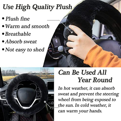 WenMei 4PCS Set Fluffy Steering Wheel Covers with Handbrake Cover&Gear Shift Cover&Plush Keychain Furry Steering Wheel Cover for Women Girl Fashion Warm Car Wheel Protector Fit Most Car (Black) - color: Black