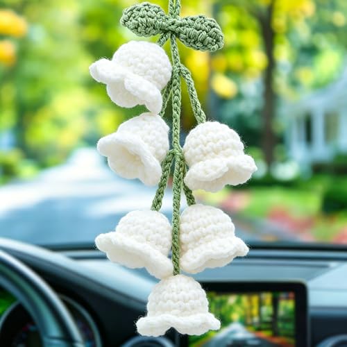 Car Mirror Hanging Accessories - Handmade Knitted Lily Flower Pendant, Cute Crochet Hanging Decor for Rearview Mirror, Women's Car Interior Decoration (1 PCS/6 Flowers, White) - color: Whtie-6