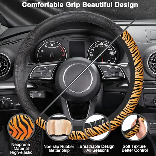 Tiger Stripes Steering Wheel Cover with 2 PCS Cup Coasters for Car,Animal Skin 15 Inch Non-Slip Neoprene Steering Wheel Covers,Breathable Car Accessories Fit for Men Women - color: Tiger Stripes