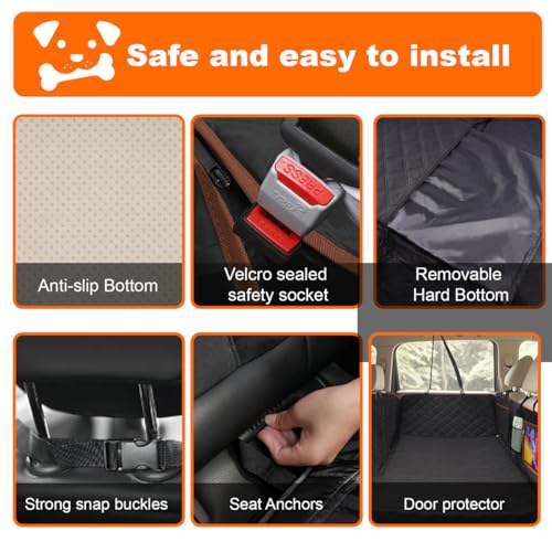 Back Seat Extender for Dogs, Hard Bottom Dog Car Seat Cover for Backseat Support 400lbs, Waterproof Pet Hammock with Mesh Window for SUVs, Cars & Small Trucks
