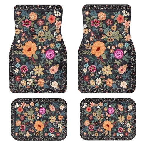 Premium Linen Boho Car Floor Mats Full Set | Vintage Floral Pattern Car Decor for Women,Men | Waterproof All-Weather Universal Fit for SUV, Sedan | Luxury Bohemian Car Accessories, Non-Slip - color: Bohemian Floral