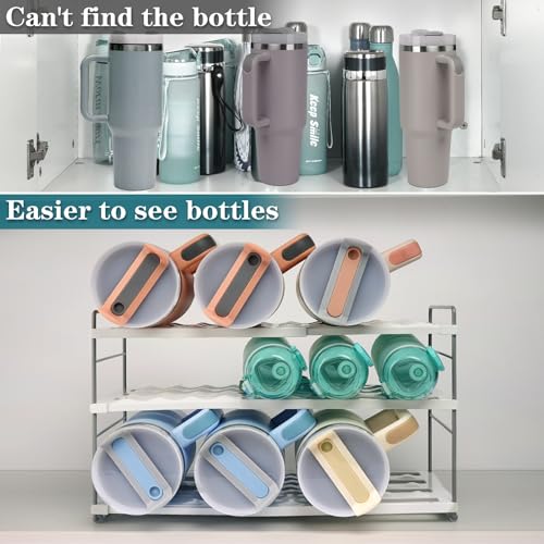 10.6-16.7" Adjustable Width Water Bottle Organizer for Cabinet, 3-Tier Expandable Water Bottle Holder Rack, Cup and Tumbler Storage for Kitchen Organization, Sports Flask, Insulated Travel Mug, Fridge - size: 3 Tier-15