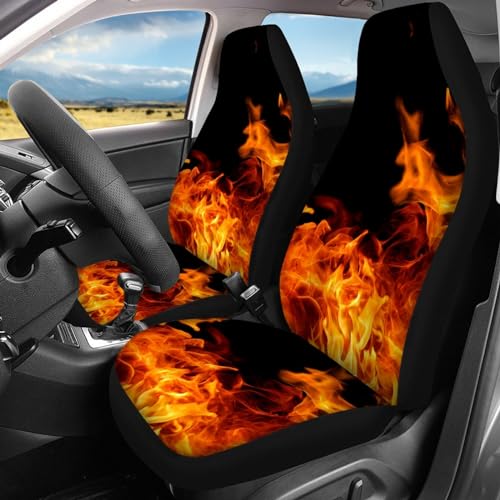 FUSURIRE Automotive Seat Covers Full Set of 4 Pcs, Orange Flame Print Front Seat Cover and Rear Bench Cover, Novelty Car Accessories Universal Fit - color: Orange Flame Print