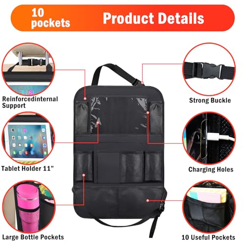 Car Backseat Organizer ，2 Pack Car Organizer Back Seat with 11" Tablet Holder, 10 Storage Pockets Seat Back Protectors Kick Mats for Kids Toddlers, Travel Accessories (Black)