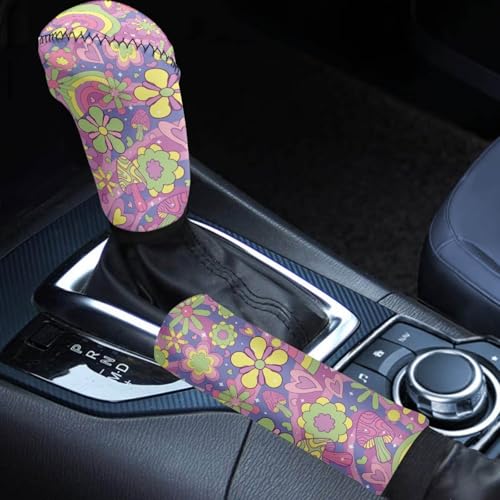 Bulopur Car Shifter Gear Hand Brake Trim Cover Set for Most Cars Van SUV Sedan Truck Auto Accessories - color: Boho Hippie Flower