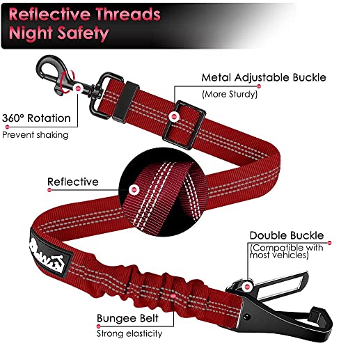 SlowTon Dog Seat Belt, Adjustable Dog Safety Belt Leash, 2 in 1 Latch Bar Attachment Dog Car Seatbelt with Elastic Nylon Bungee Buffer, Reflective Nylon Belt Tether Connect to Dog Harness (Red) - color: Red