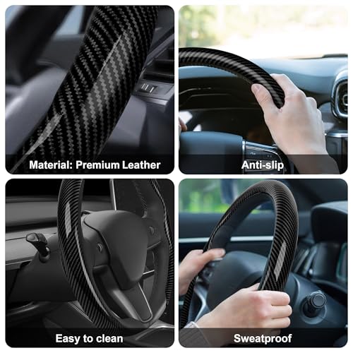 Leather Steering Wheel Cover,Universal Fit 15 Inch-Premium Non-Slip Breathable Comfort Grip for Cars Trucks SUVs,Anti-Slip Durable Interior Upgrade Carbon Fiber Pattern - color: Black carbon fiber texture