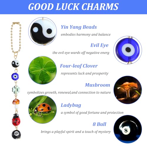 Ptwola Evil Eye Car Hanging Ornament Good Lucky Days Charm 8 Ball Mushroom Four-Leaf Ladybug Yin Yang Symbo Rear View Mirror Pendant Cute Boho Car Accessories Decorations for Keychain Cellphone