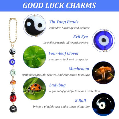 Ptwola Evil Eye Car Hanging Ornament Good Lucky Days Charm 8 Ball Mushroom Four-Leaf Ladybug Yin Yang Symbo Rear View Mirror Pendant Cute Boho Car Accessories Decorations for Keychain Cellphone