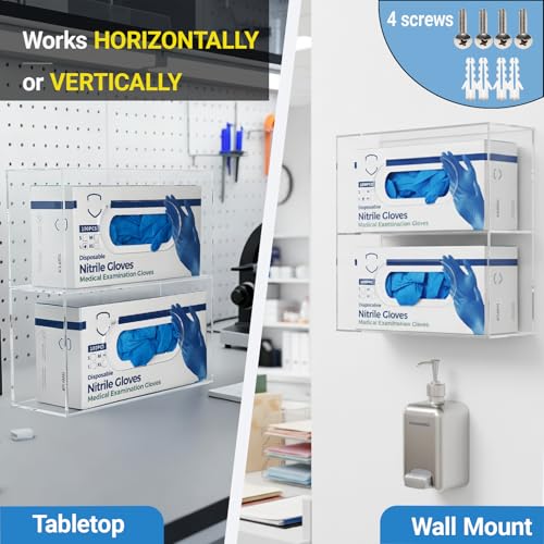 Double Glove Box Holder Wall Mount, Side-Load Acrylic Glove Dispenser - Clear Medical Storage Organizer for Lab, Hospital, Kitchen,- 10 x 3.54 x 10.6 IN - Quick Access & Easy Refill - size: Double