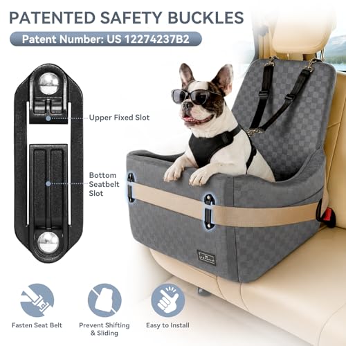 PETSFIT Dog Car Seat for Small/Medium Dogs Up to 35 lbs – Patented Safety System, 5" Memory Foam Pet Booster Car Seat, Fully Detachable and Washable Dog Carseat with 2 Storage Pockets (Grey) - color: Grey