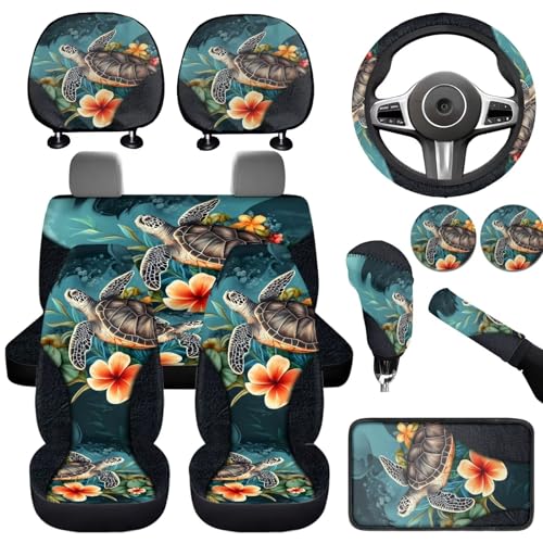 Hawaiian Sea Turtle Car Seat Cover Set for Front and Rear Car Accessories Full Set 12 Pcs Steering Wheel Cover Armrest Pad Gear Shift Cover Headrest Covers Universal Fit - color: Hawaiian Sea Turtle